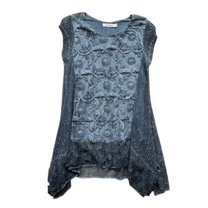 Boho‎ blue embroidered asymmetrical fairy high low sequin sheer knitted blouse S